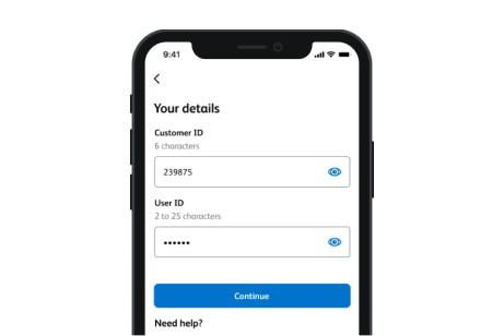 A screenshot of the Business Banking App your details page, showing text boxes where users can enter a six character customer ID and a user ID of two to twenty five characters. It shows a link to continue to the next page and text that says need help?