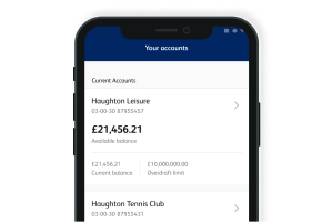 A screenshot of the Business Banking App your accounts page on a mobile device, showing details of two current accounts. The name, sort code, account number are shown for both. The available and current balance and overdraft limit are shown for the first.