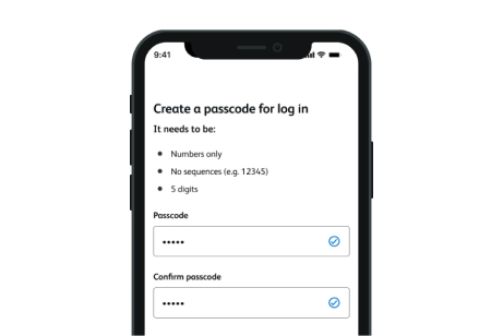 A screenshot of the Business Banking App create a passcode for log in page, showing text boxes where users can enter and confirm their passcode. Text is shown which says that it needs to be numbers only, no sequences e.g. 12345 and five digits.