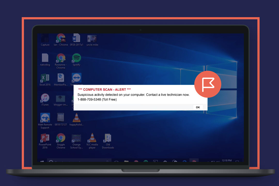 A computer screen displaying a message that suspicious activity has been detected on your computer. The message encourages you to phone the number on the screen.