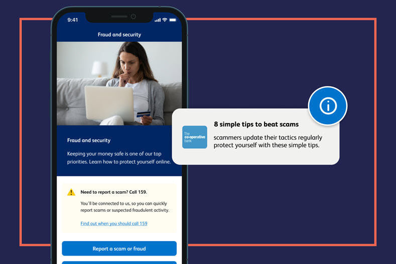 A smart phone displaying fraud and security advice. A pop up notification shows the message: '8 simple tips to beat scams'