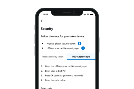A screenshot of the Business Banking App security page, telling users to follow the steps for their token device. Text tells the user to open the HID Approve app, enter their four digit PIN, press OK again to generate a new code and enter the code below.