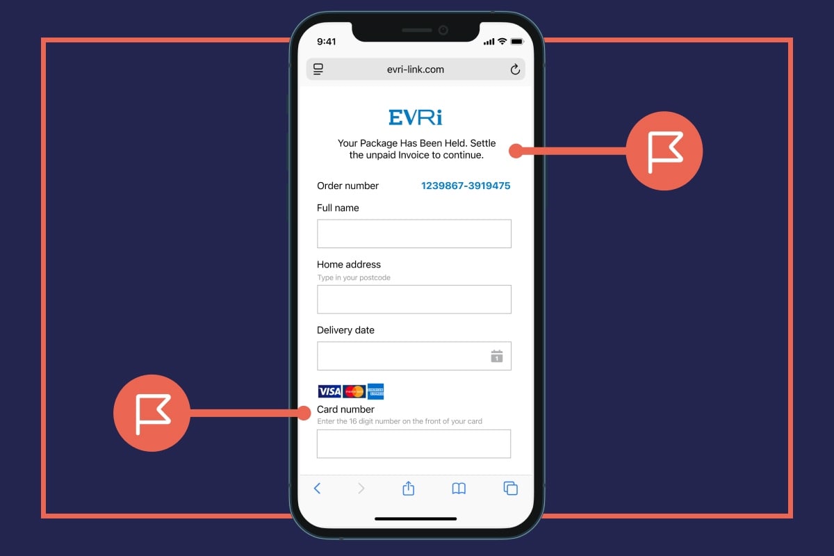 An example of a fake website that asks for your personal details, including a card number. Multiple red flags point out where to be cautious.