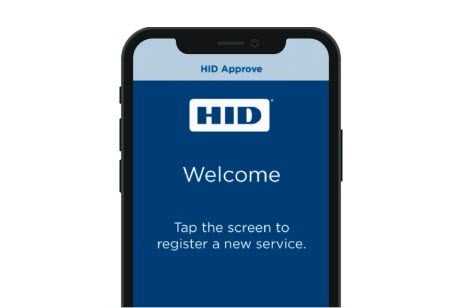 A screenshot of the HID Approve mobile security app on a mobile device. It shows the HID Approve logo and text that says welcome, tap the screen to register a new service. HID Approve also appears as text at the top of the screen.