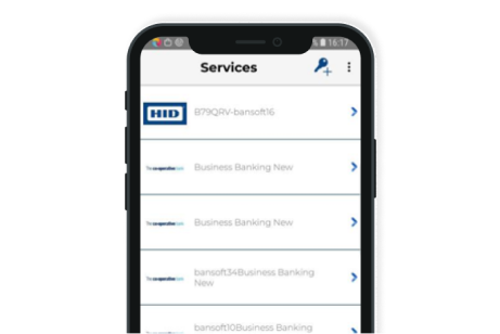 A screenshot of the services page in the HID Approve mobile security app on a mobile device. It shows five services that the user has registered. Each service shows the HID Approve or Co-operative Bank logo and the name the user has given to it.