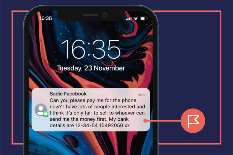 A smartphone with a text notification from the seller, asking for it to be paid urgently by bank transfer.