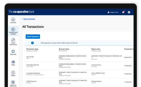 A screenshot of the Business Online Banking all transactions page, listing recent online transactions and the type, status, account names, payee name, frequency type and data for each one. It shows links to other pages such as search transactions.