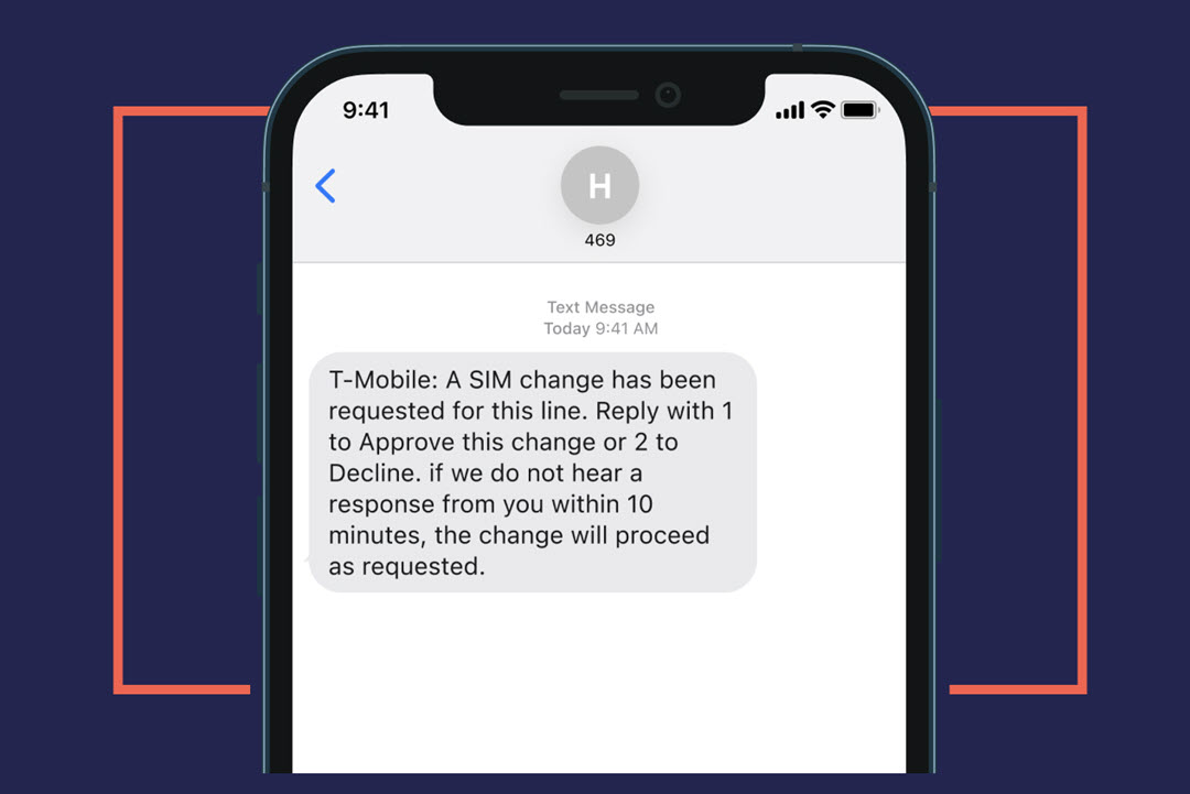 A smart phone displaying a message to alert the user that a SIM change has been requested.