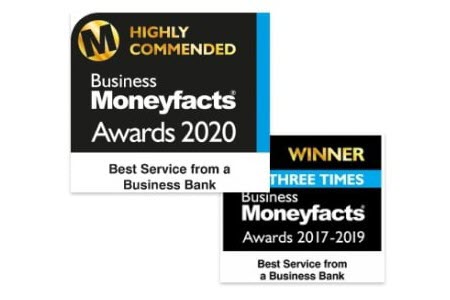 Business Moneyfacts Awards Best Service from a Business Bank logos - awarded 2017 - 2019 and 2020