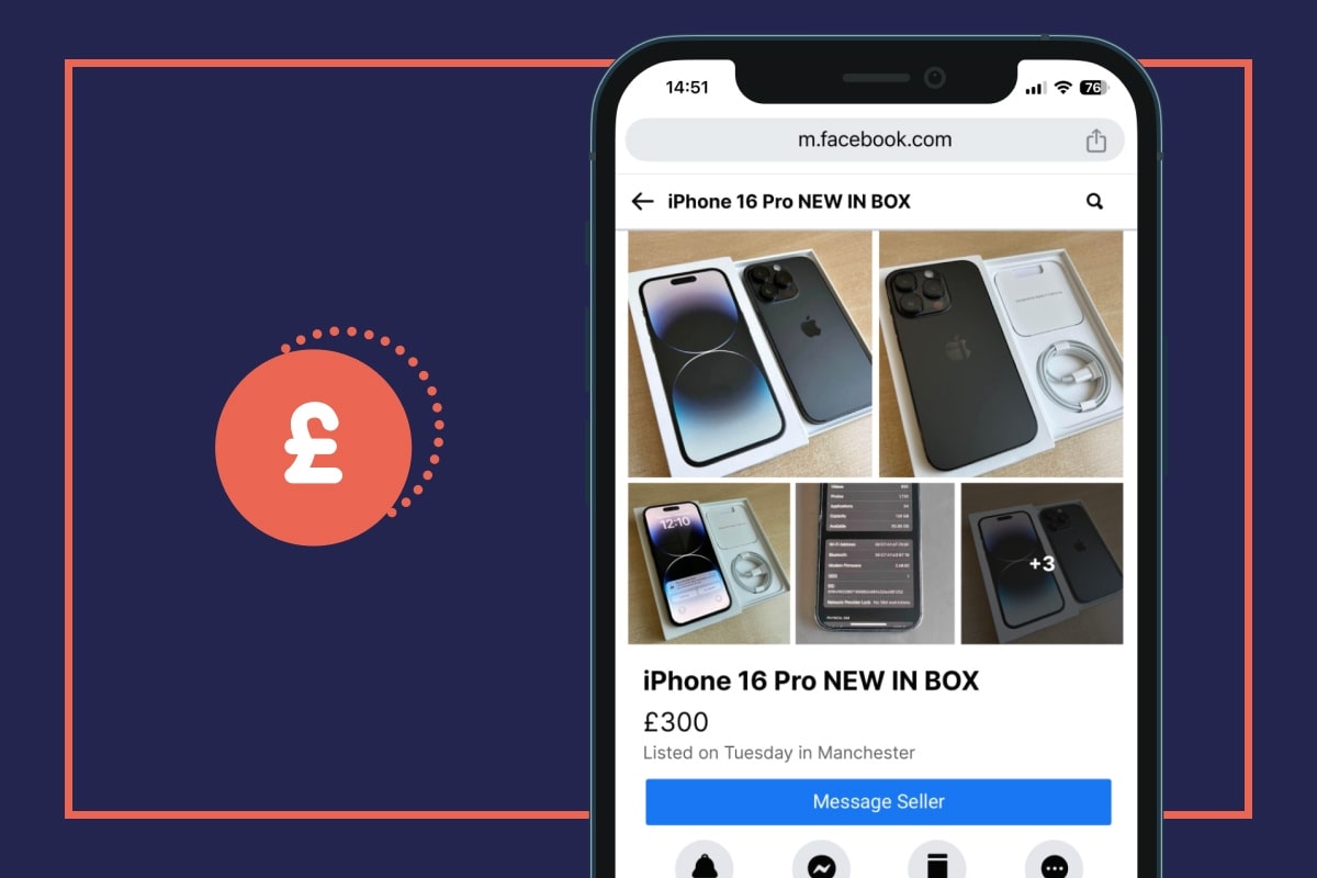 A smartphone showing a listing for a cheap new iPhone on an online marketplace.