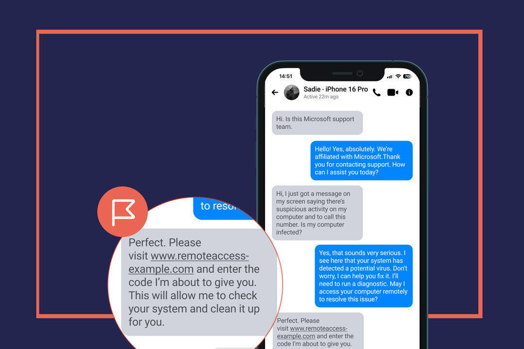 A smart phone displaying a text message conversation. A message is highlighted asking the user to click on a link and enter a code.