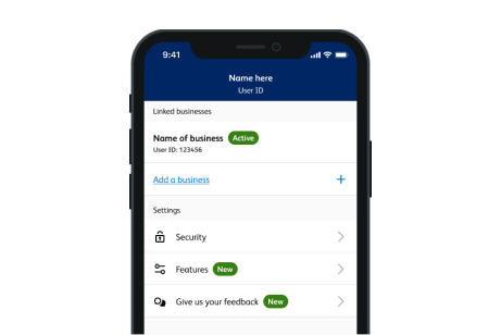 A screenshot of the Business Banking App on a mobile device showing the user’s linked businesses. It shows one active business with its name and user ID. It also shows links to add a business or go to the security, features or give us your feedback pages.