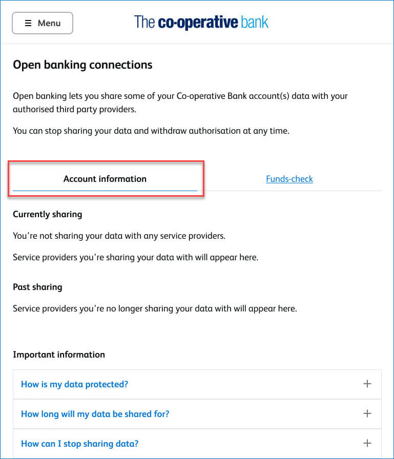 Open banking connections - desktop or laptop computer view