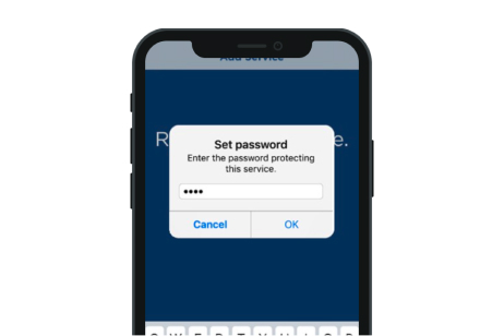 A screenshot of the HID Approve mobile security app on a mobile device. It shows a pop up with text that says set password. Enter the password protecting this service. It shows an example of a password as four black dots and options to press cancel or ok.