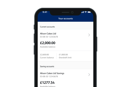 A screenshot of the Business Banking App, showing the name, sort code, account number, available and current balance and overdraft limit for a current account and the name, sort code, account number and available balance of a savings account.
