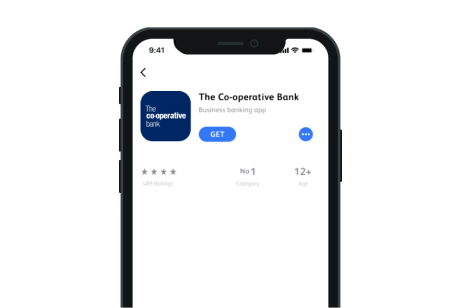 A screenshot of the Apple app store on a mobile device. It shows a link to get the Co-operative Bank Business Banking app. It shows details including the app’s four star rating from 489 ratings, its recommended age of 12 plus and category of number one.