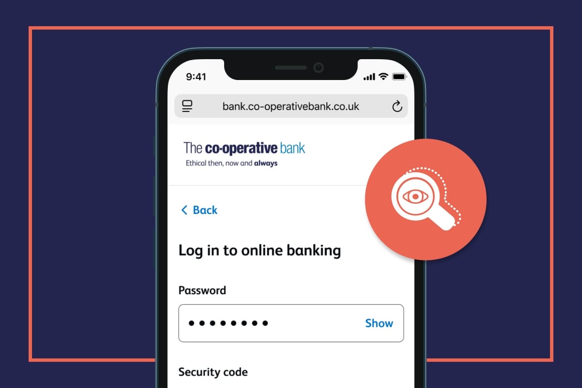 A phone showing The Co-operative Bank online banking log on page. A spyware icon sits in the foreground.