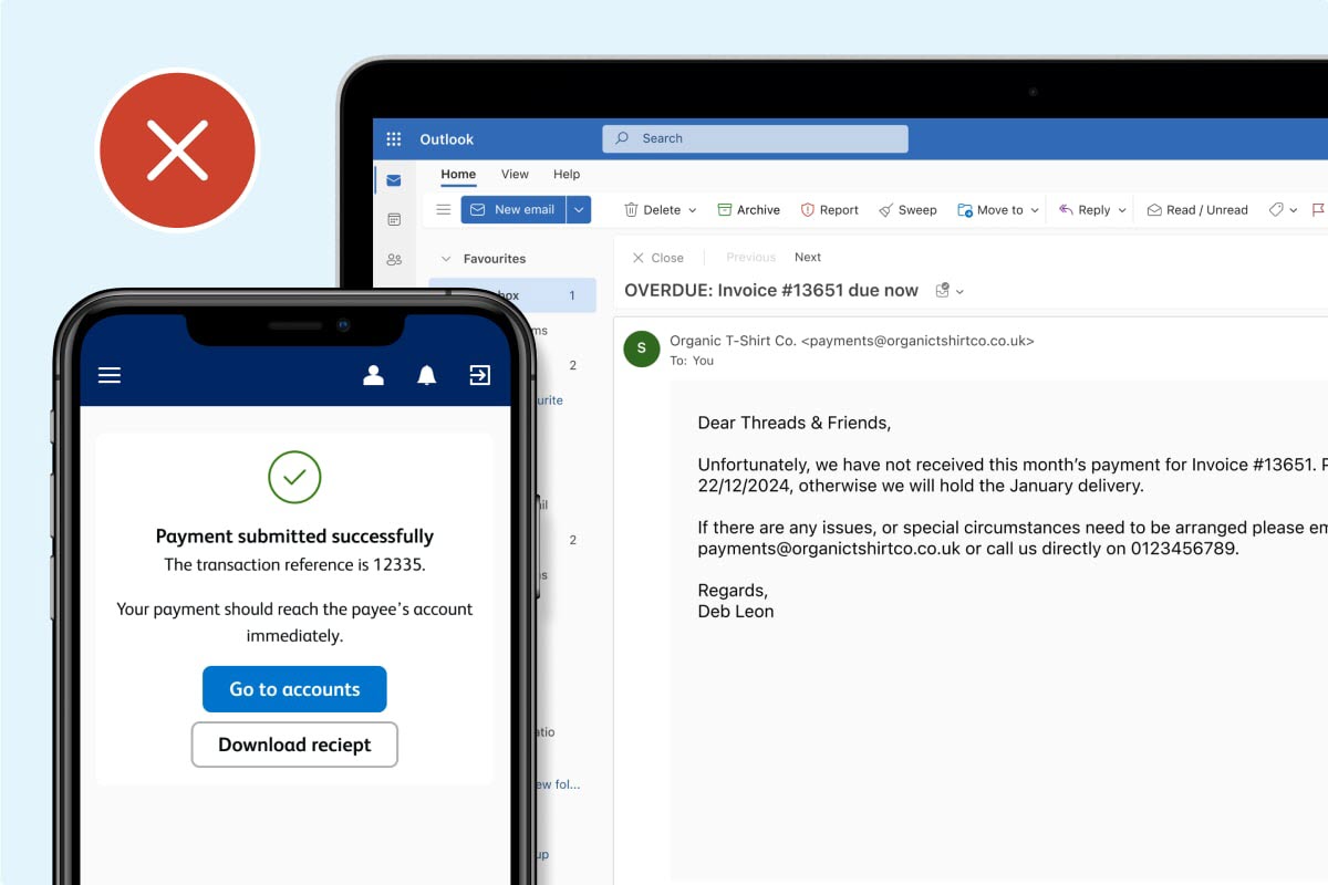 Example image of a business outlook account receiving what looks like a genuine overdue invoice and then paying them through their mobile app