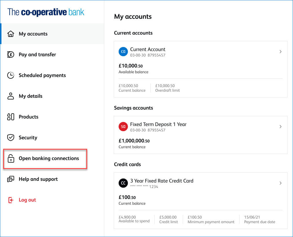 Open banking connections in Online banking - desktop or laptop computer view