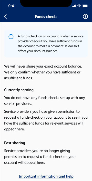Open banking connections - funds checks - mobile app view