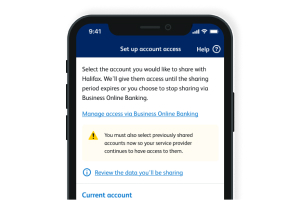 A screenshot of the Business Banking App set up account access page on a mobile device. Text instructs users to select the account they want to share. It shows links to manage access via Business Online Banking and review the data they’ll be sharing.