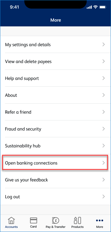 Open banking connections - mobile app view