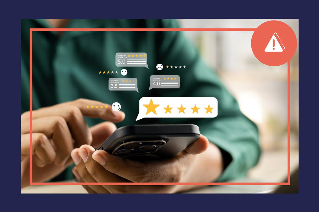 A person is holding a smartphone, seemingly engaging in online reviews or ratings.