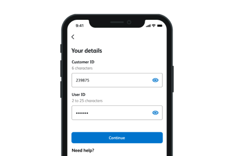 A screenshot of the Business Banking App your details page, showing text boxes where users can enter a six character customer ID and a user ID of two to twenty five characters. It shows a link to continue to the next page and text that says need help?