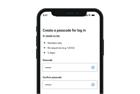 A screenshot of the Business Banking App create a passcode for log in page, showing text boxes where users can enter and confirm their passcode. Text is shown which says that it needs to be numbers only, no sequences e.g. 12345 and five digits.