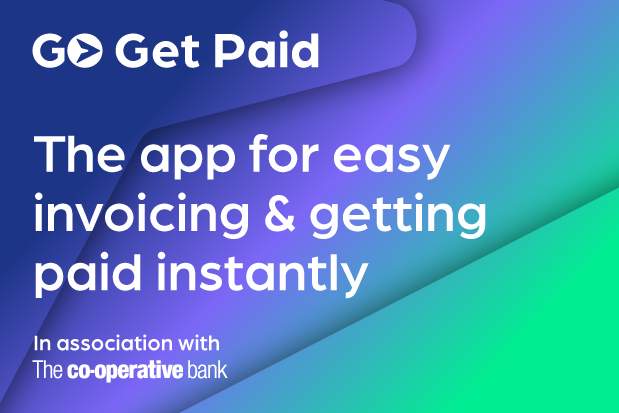 Colourful image of Go Get Paid logo, stating the app for easy invoicing and getting paid instantly