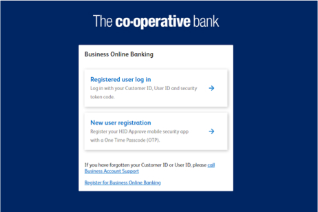 A screenshot of the Business Online Banking log in page, showing options for users to log in or register. It also shows a link to call Business Account Support if the user has forgotten their details and a link to register for Business Online Banking.