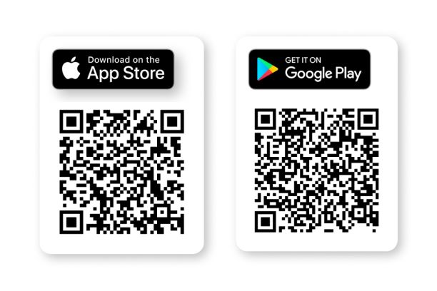 QR code on the left to download the mobile banking app on the Apple Store, and QR code on the right to download it on Google Play