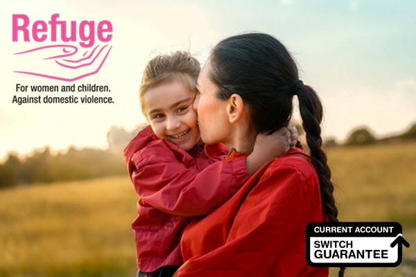 Switch to us and receive up to £175 | Current Account Switch Guarantee logo | Refuge logo