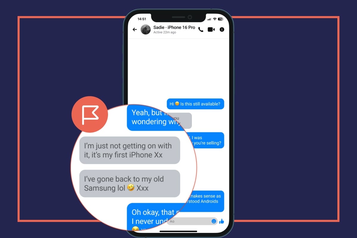 A friendly conversation between the item seller and buyer. Messages are highlighted by a warning flag.