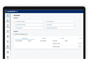 A screenshot of the Financial Director Online accounts page, showing links to actions such as make a UK payment. It lists the user’s accounts with details such as account type. It shows a vertical menu of links to other pages such as search transactions.