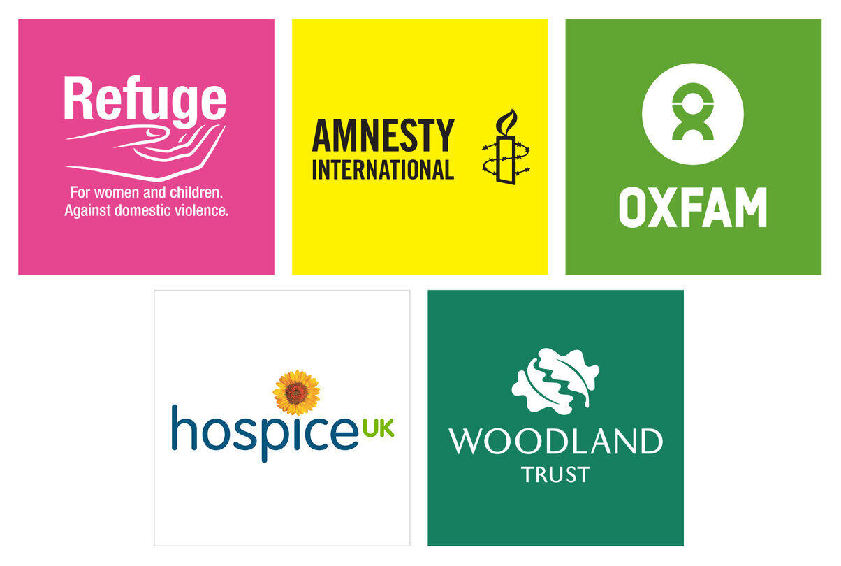 Amnesty international, Hospice UK, Oxfam, Refuge, Woodland Trust