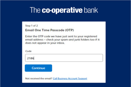A screenshot of the Business Online Banking email one time passcode (OTP) page, instructing users to enter an OTP that was sent to their registered email address or call business account support if they have not received it. An example of an OTP is shown.