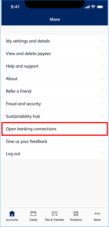 Open banking connections - mobile app view