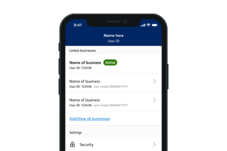 A screenshot of the Business Banking App, listing three linked businesses, their names and user IDs. It shows the first business as active and the date the user last visited the others. It shows links to add/view all businesses or go to the security page.